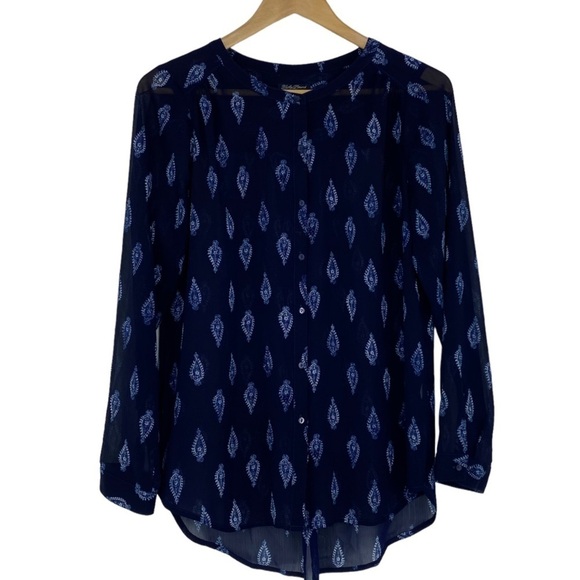 Lucky Brand Tops - Lucky Brand Indigo Navy Blue Paisley Print BOHO LS Sheer Button Up Blouse Top, M